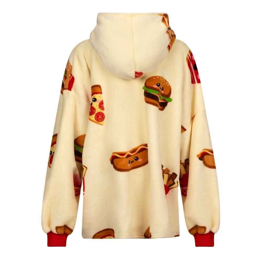 Rapport home Fast Food Blanket Hoodie Sherpa Fleece Wearable Blanket Sweatshirt for Adults Kids Cosy Hoodie with Kangaroo Pockets Cream