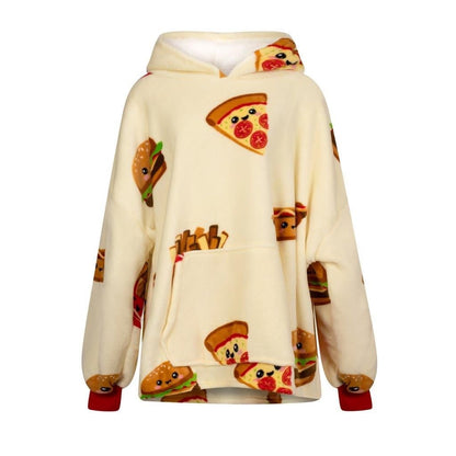 Rapport home Fast Food Blanket Hoodie Sherpa Fleece Wearable Blanket Sweatshirt for Adults Kids Cosy Hoodie with Kangaroo Pockets Cream