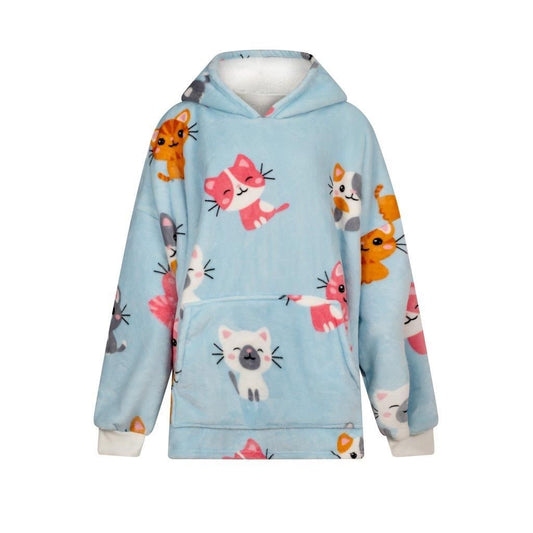 Rapport Home Cute Kittens Cat Oversized Blanket Sherpa Fleece Hoodie with pocket, Super Soft Warm Wearable Unisex