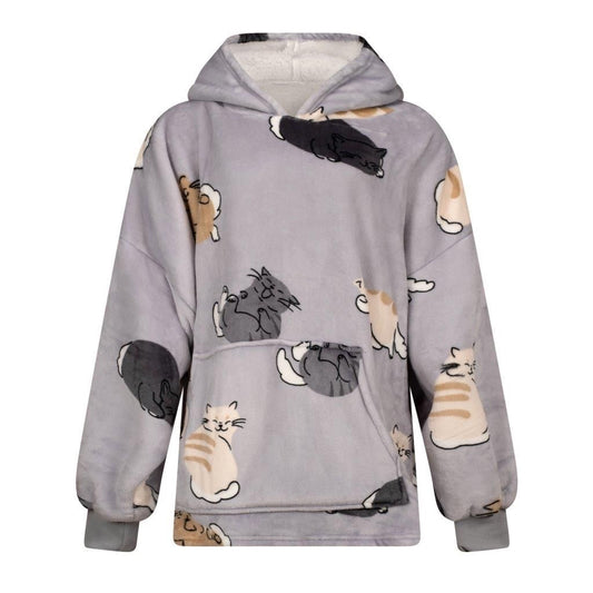 Rapport home Fat Cats Blanket Hoodie Sherpa Fleece Wearable Blanket Sweatshirt for Adults Kids Cosy Hoodie with Kangaroo Pockets Grey