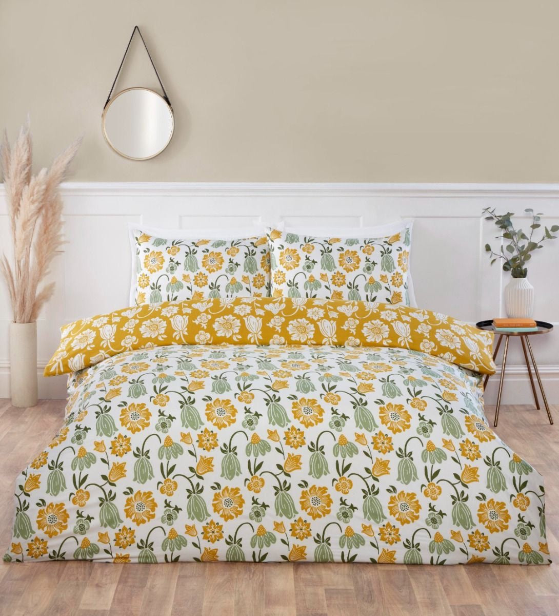 Victorian Bloom Green & Ochre Duvet and Pillowcase Set